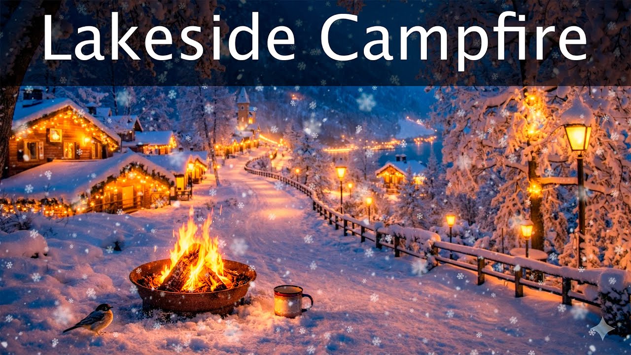 Lakeside Mountain Village Campfire | Snowfall & Winter Night Ambience