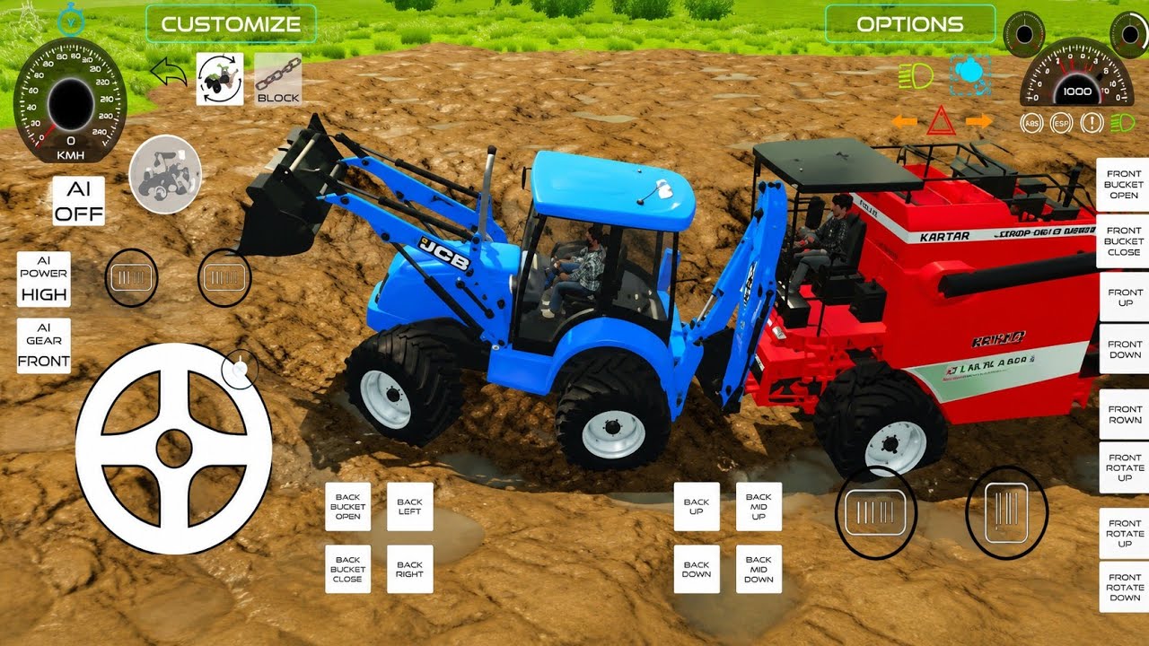 Harvester stuck in mud jcb and tractor rescue the harvester from mud #harvester #gamingvideos#play 