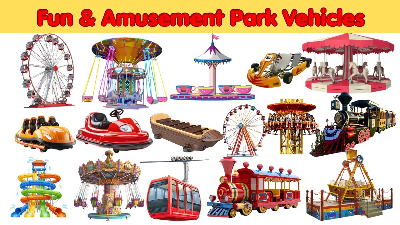 Park Vehicles and Rides for Kids | Learn Fun Ride Names with Sounds | Amusement Park Rides for Kids