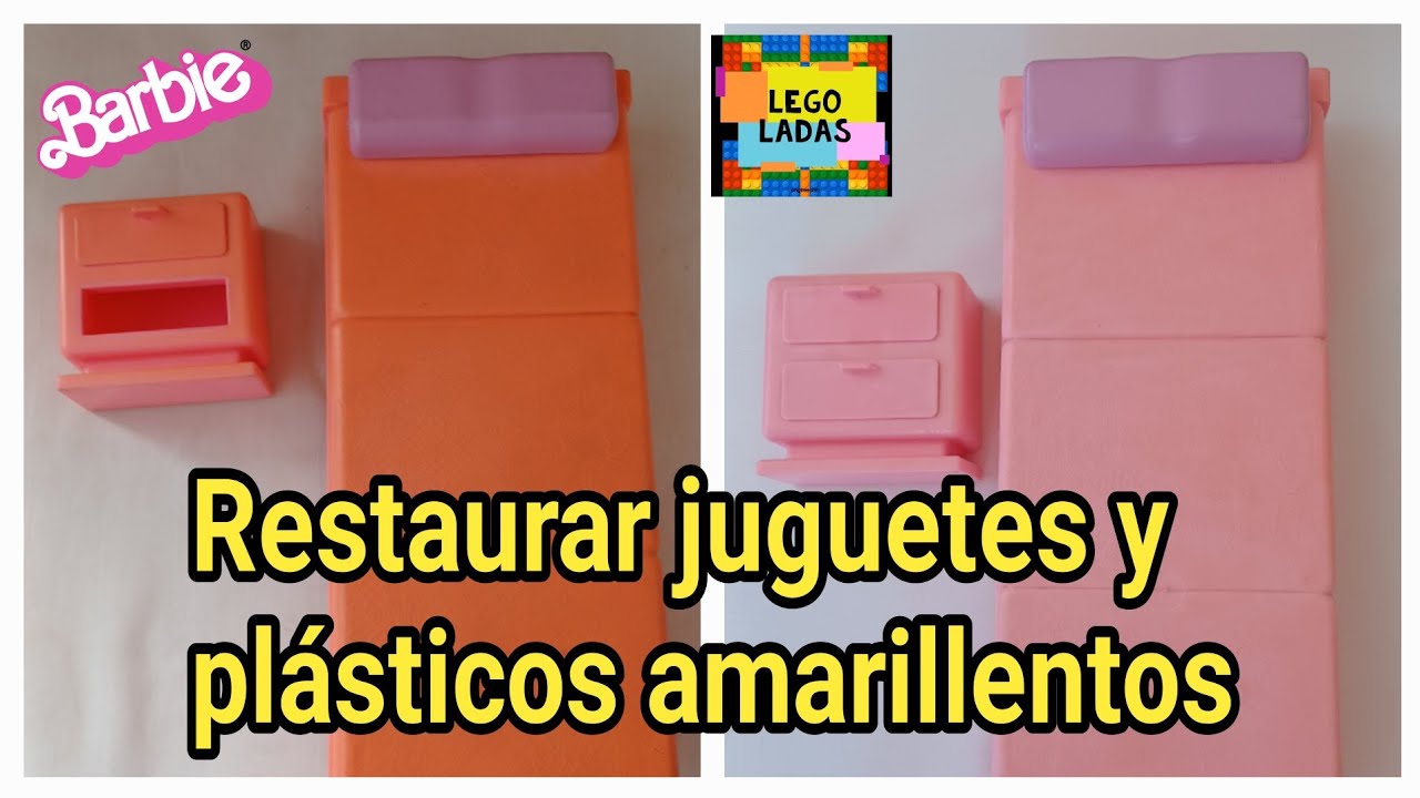 Devolver color juguetes amarillentos y otros plásticos DIY antes y después, paso a paso.