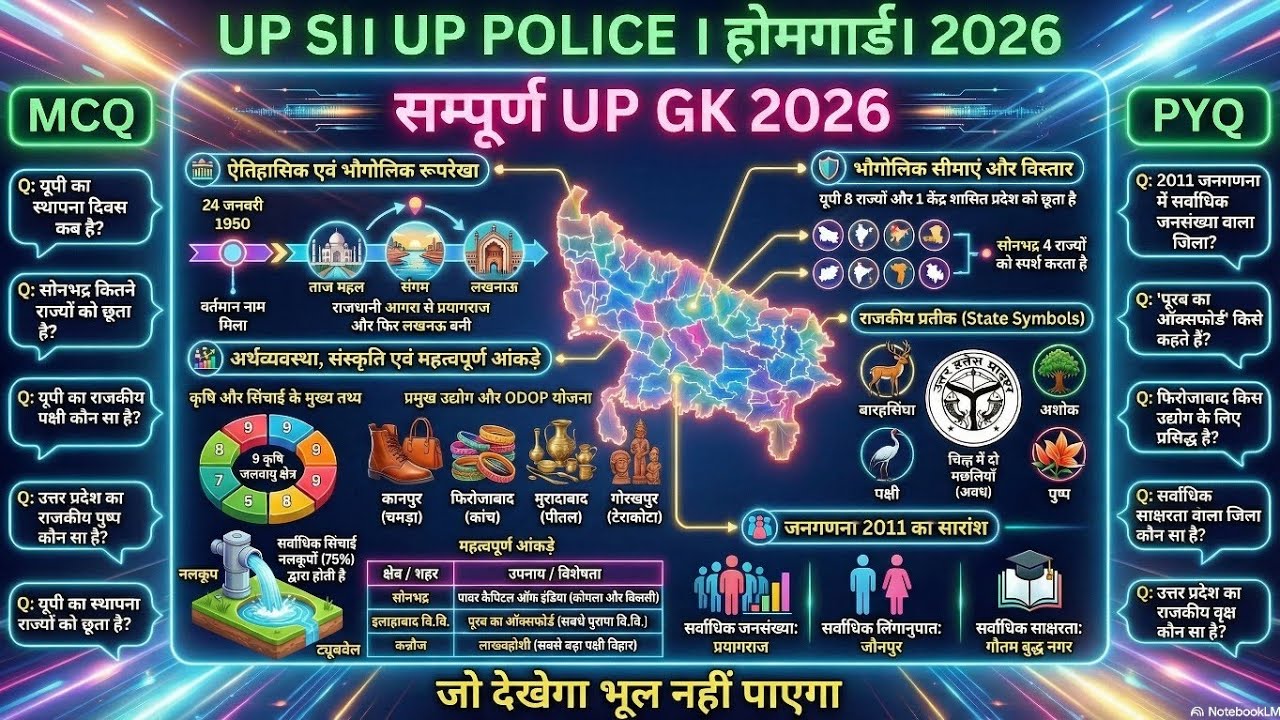 UP GK 2026 | सम्पूर्ण उत्तर प्रदेश सामान्य ज्ञान | UP SI / UP Police / Home Guard Exam GK
