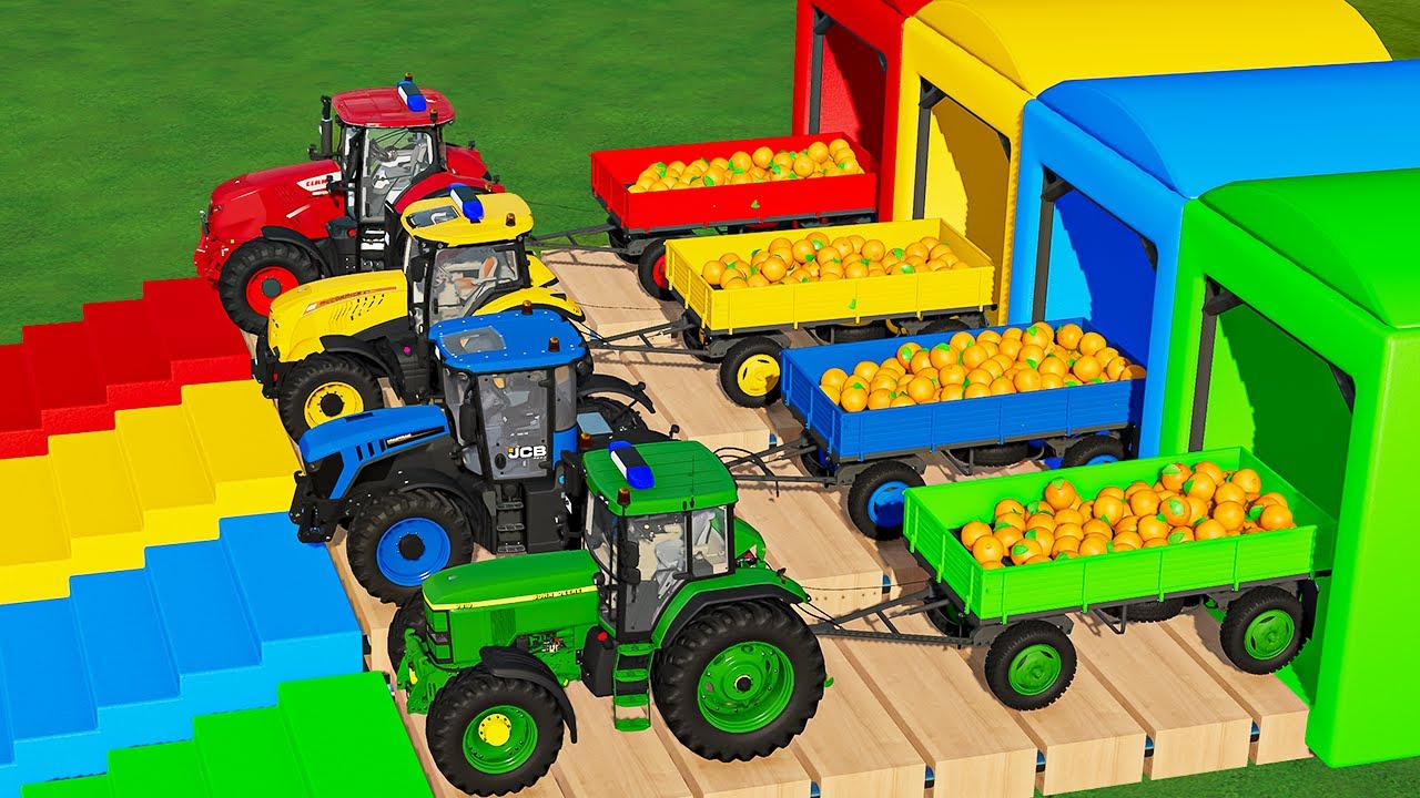 JCB FASTRAC vs CLAAS vs McCORMICK vs J. DEERE TRACTOR TRANSPORT BATTLE WITH ORANGES- FS22