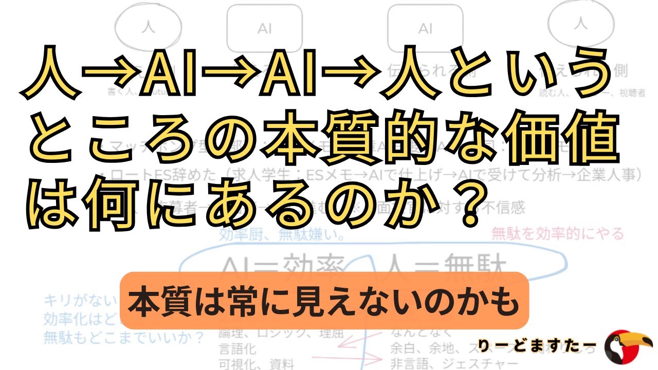 人→AI→AI→人の本質はどこにあるのか？それは人の無駄的なものをAIが阻害しない程度に、らしさを保つことでは？
