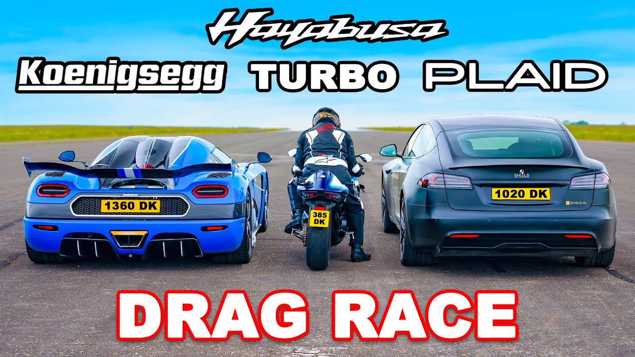 Koenigsegg v Tesla Plaid v Turbo Hayabusa: DRAG RACE