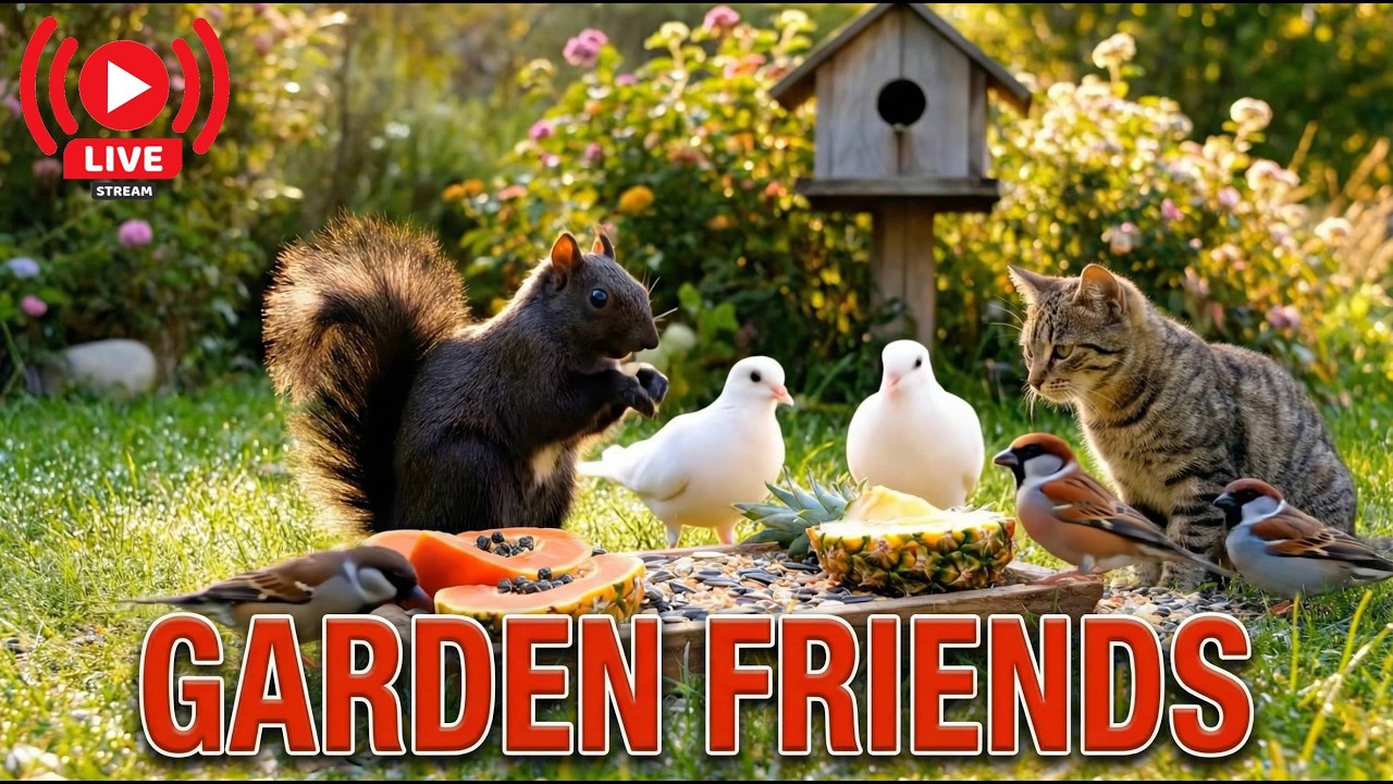 🔴 LIVE Cat TV: Squirrel & Birds Eating Pineapple - Sunny Garden ASMR