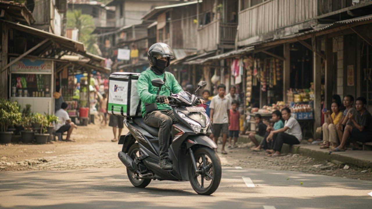 Riding a motorbike while delivering packages