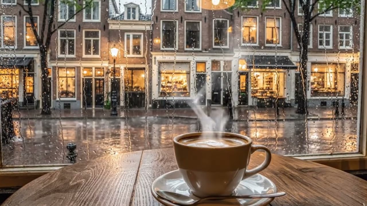Relaxing Jazz Café Ambience in Amsterdam ☕ Rainy Window, Coffee & Smooth Jazz Music | 4K Cozy