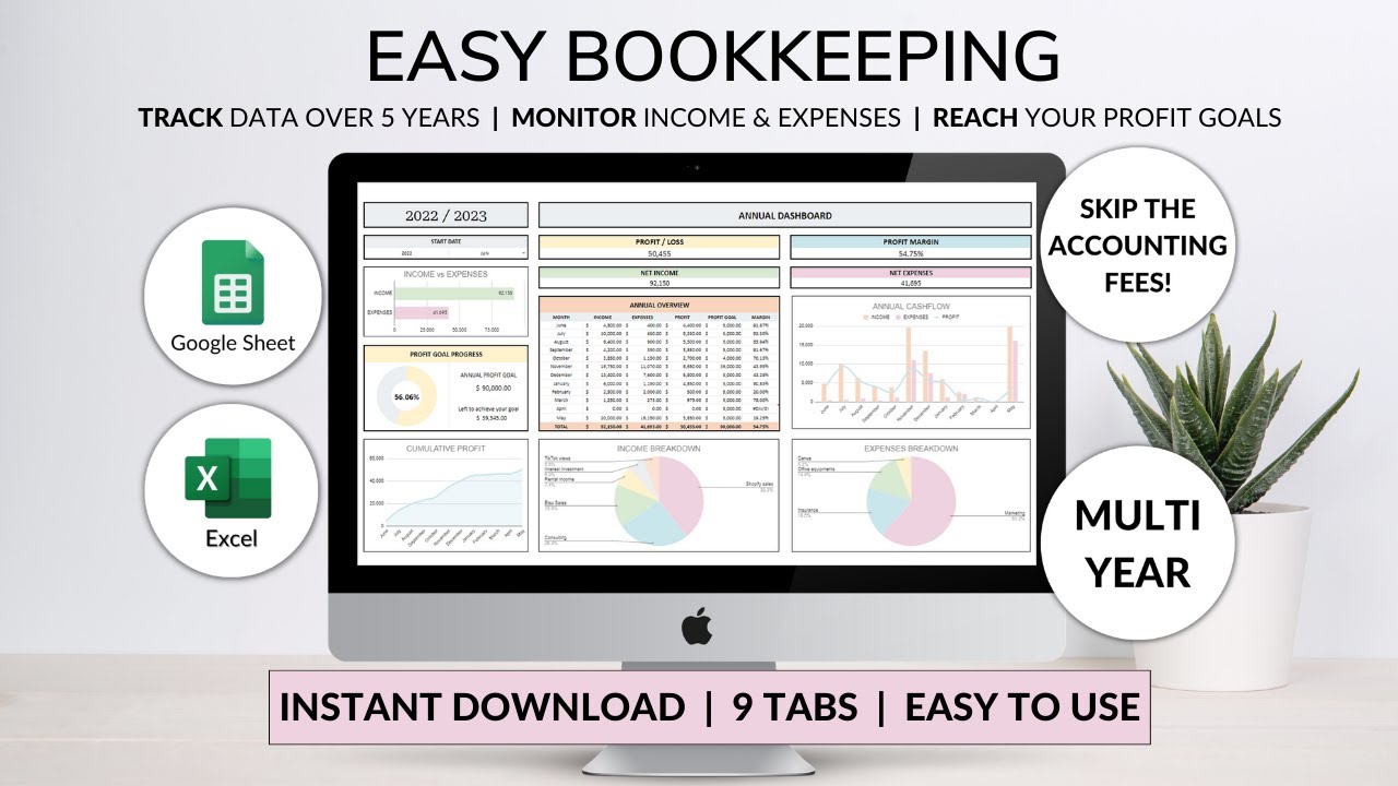 Easy Bookkeeping Tutorial - Accounting Spreadsheet - Income & Expenses Tracker - Tax Tracker