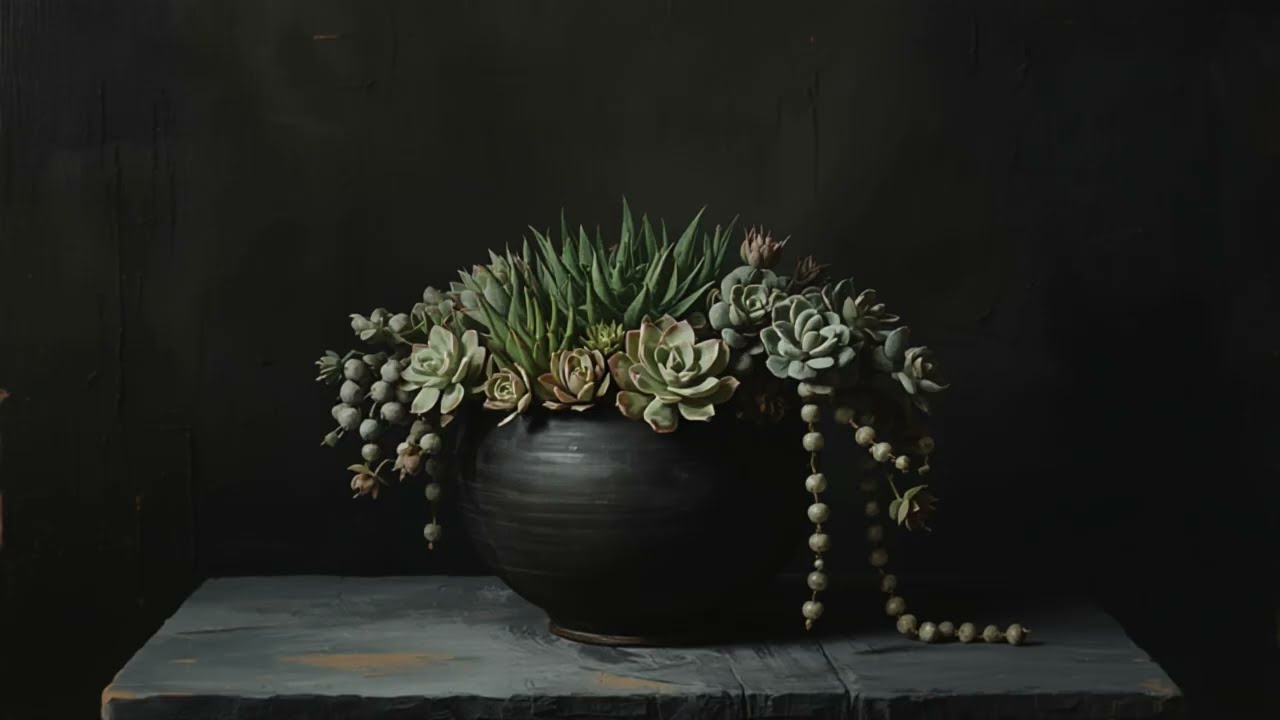 TV ART - SUCCULENTS IN BLACK PLANTERS - 1HR ART INCLUDING PIANO MUSIC 4K NO FRAME OIL PAINTING