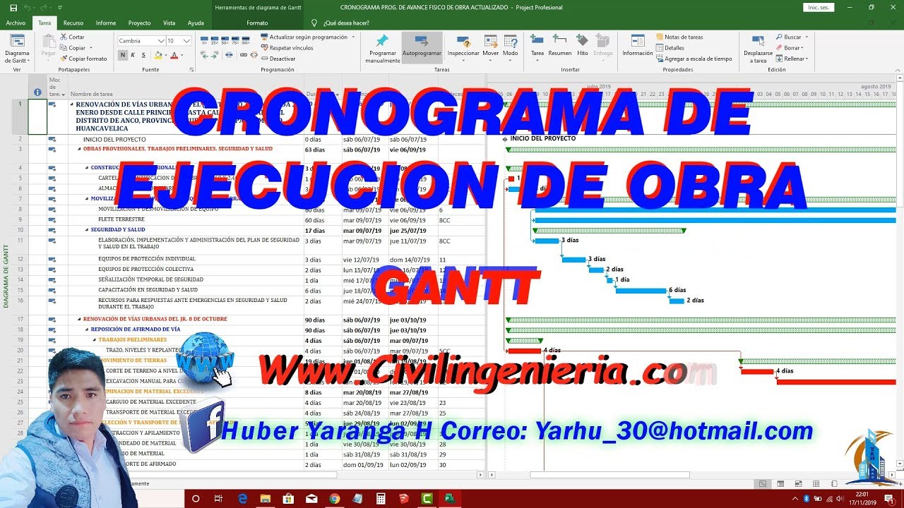 CRONOGRAMA DE AVANCE FÍSICO DE OBRA (GANTT) - PROJECT 2021.