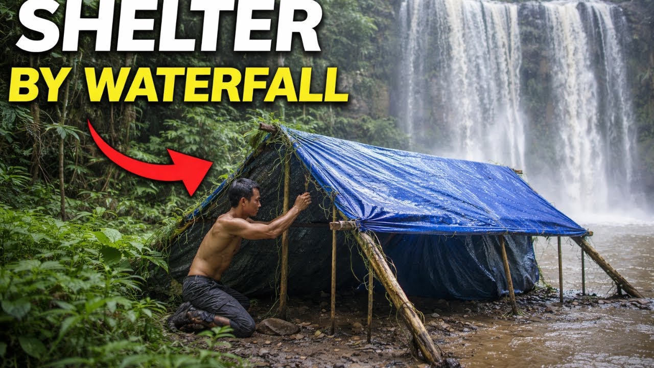 Building a Survival Shelter by a Waterfall | Jungle Camping