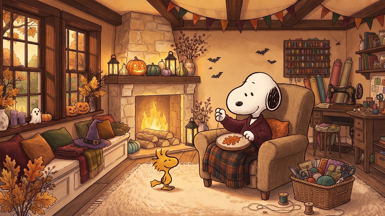 Snoopy&rsquo;s Cozy Halloween Craft Room 🎃 Autumn Fireplace Jazz for Study, Creativity & Relaxation