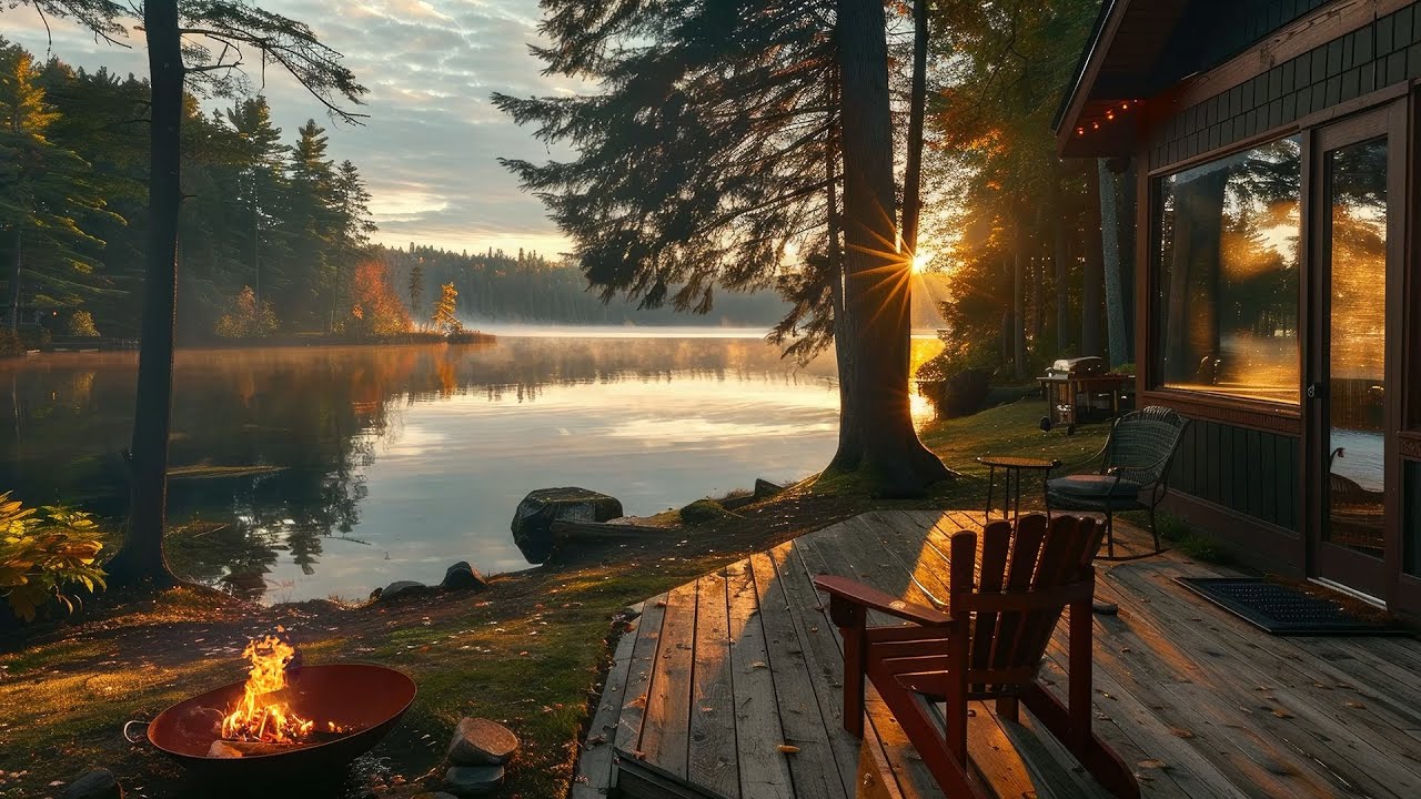 Lakeside with Crackling Fire Pit and Relaxing Lake Waves Sounds for Meditation and Stress Relief