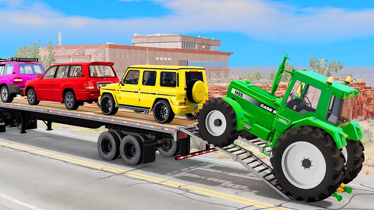 Double Flatbed Trailer Truck vs Speedbumps Train vs Cars | Tractor vs Train Beamng.Drive episode 08