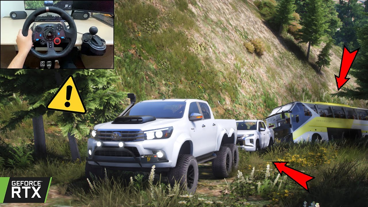 Toyota Hilux Revo 6x6 Towing Crash Bus on Mountain | GTA 5 | Steering wheel gameplay