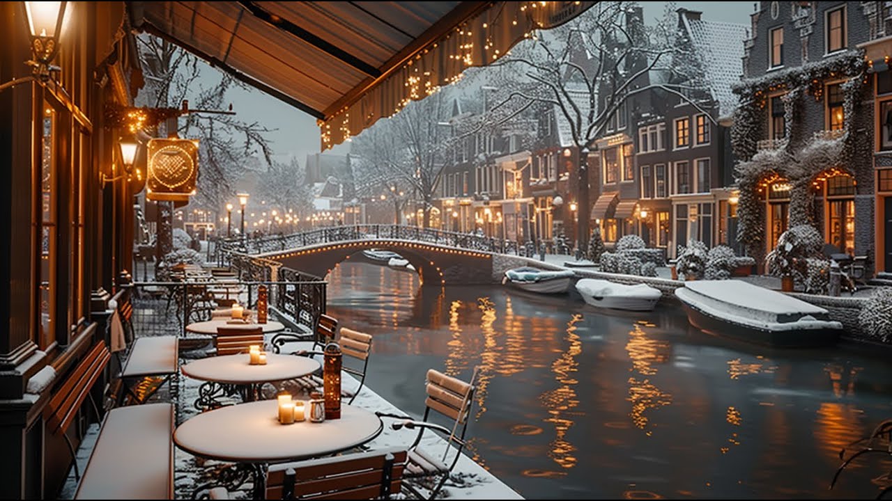 Cozy Winter Canal Café Jazz – Soft Relaxing Jazz Music & Snowfall Ambience ❄️🎷