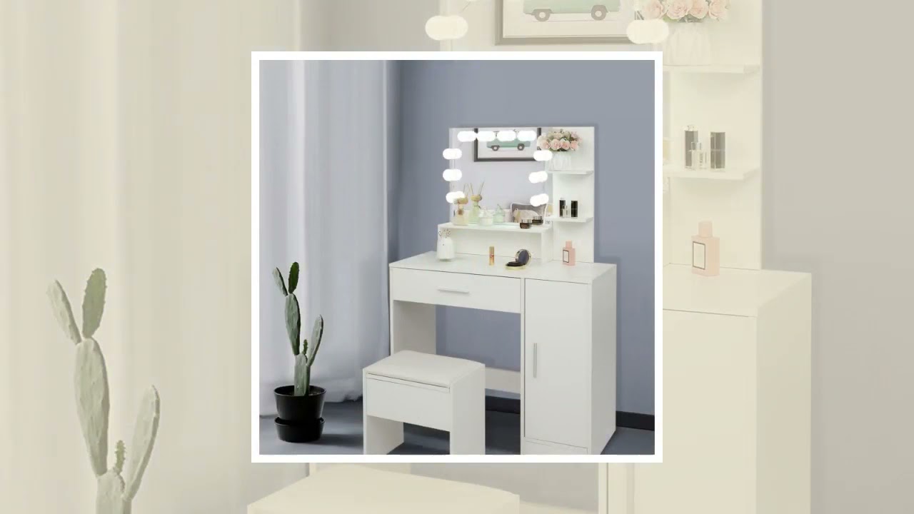 Ktaxon Vanity Table Set with Lighted Mirror, Makeup Table with Storage Drawers, Dressing Vanity T...