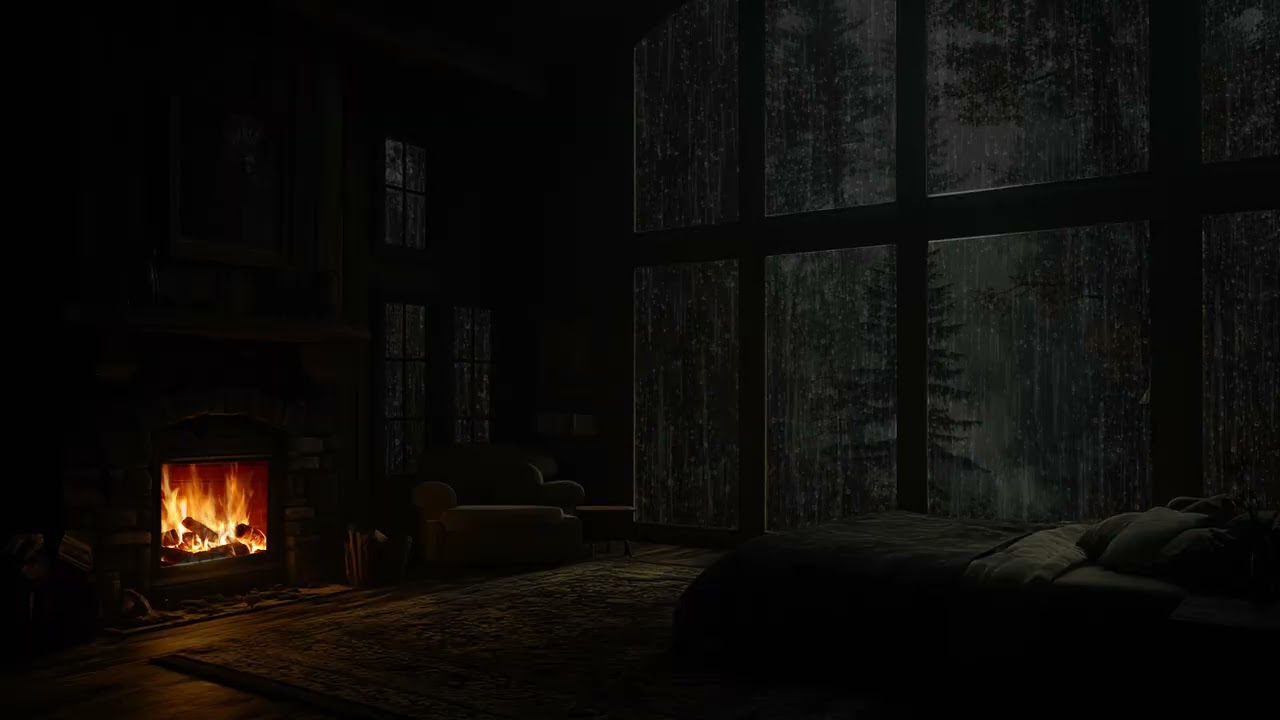 Heavy Window Rain Sounds | Warm Fireplace Crackling with Soft Thunder for Calm Sleep Ease