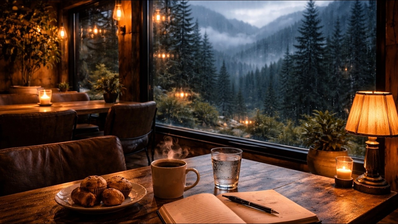 Late Night Jazz Rain Café 🎷🌧️ | Cozy Mountain Coffee Shop Ambience for Sleep & Study