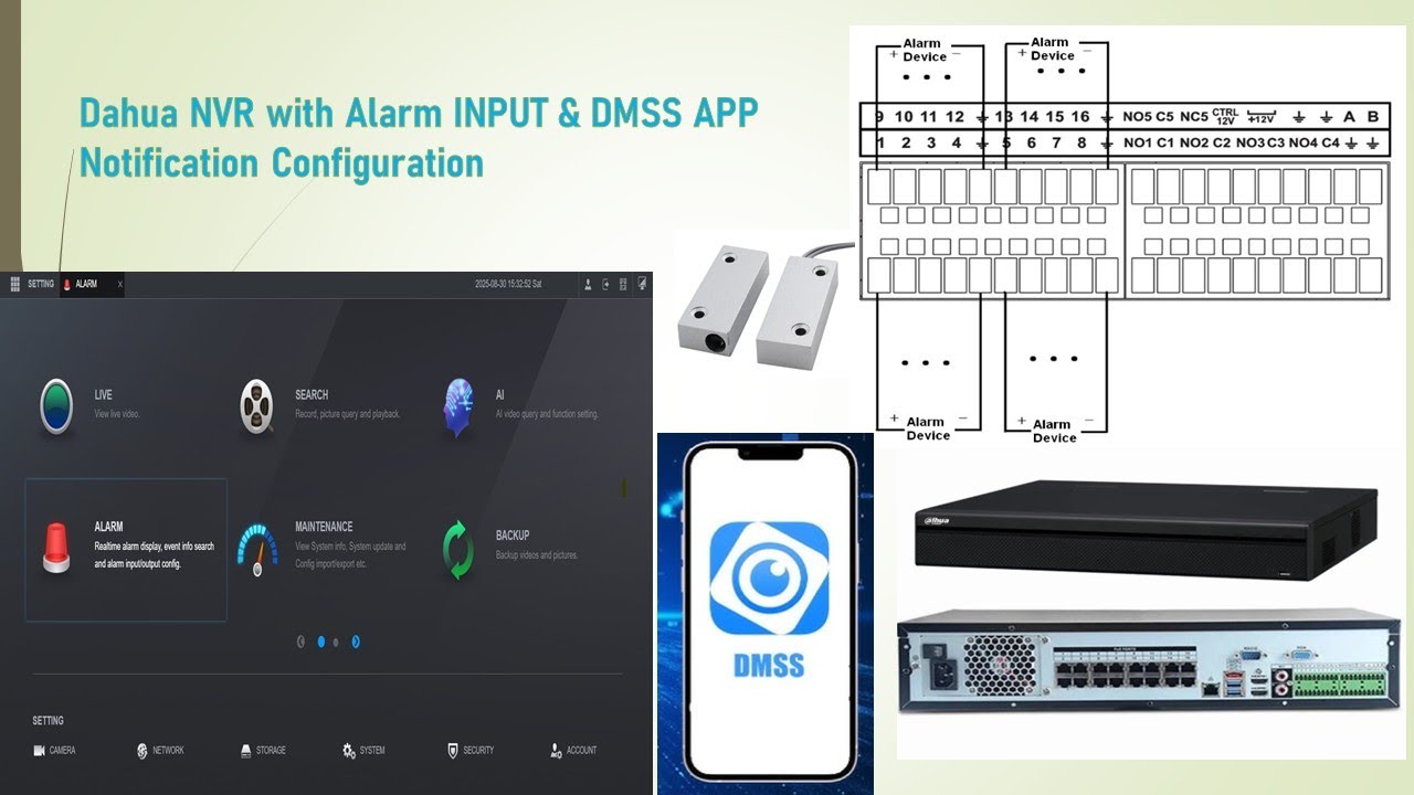 Dahua NVR Alarm INPUT door sensor connection configuration & DMSS APP configuration ,NVR4208-8P-4ks3