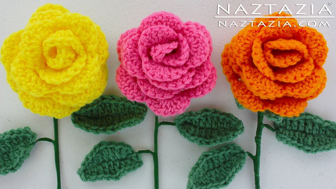 HOW to CROCHET a BEGINNER EASY FLOWER - DIY Rose Rosas Bouquet Flowers Leaf Leaves Stem Tutorial