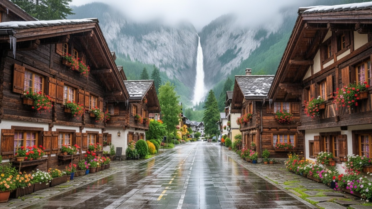 Swiss Alpine Village in Heavy Rain 4K 🌧️ Relaxing No Talking Walking Tour