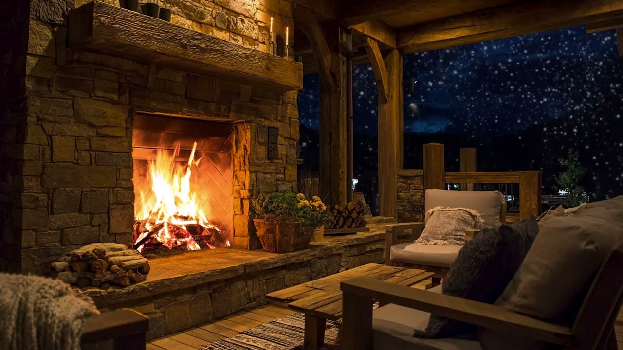 3 Hours Crackling Fireplace with Falling Snow | Warm Winter Night Ambience🌙