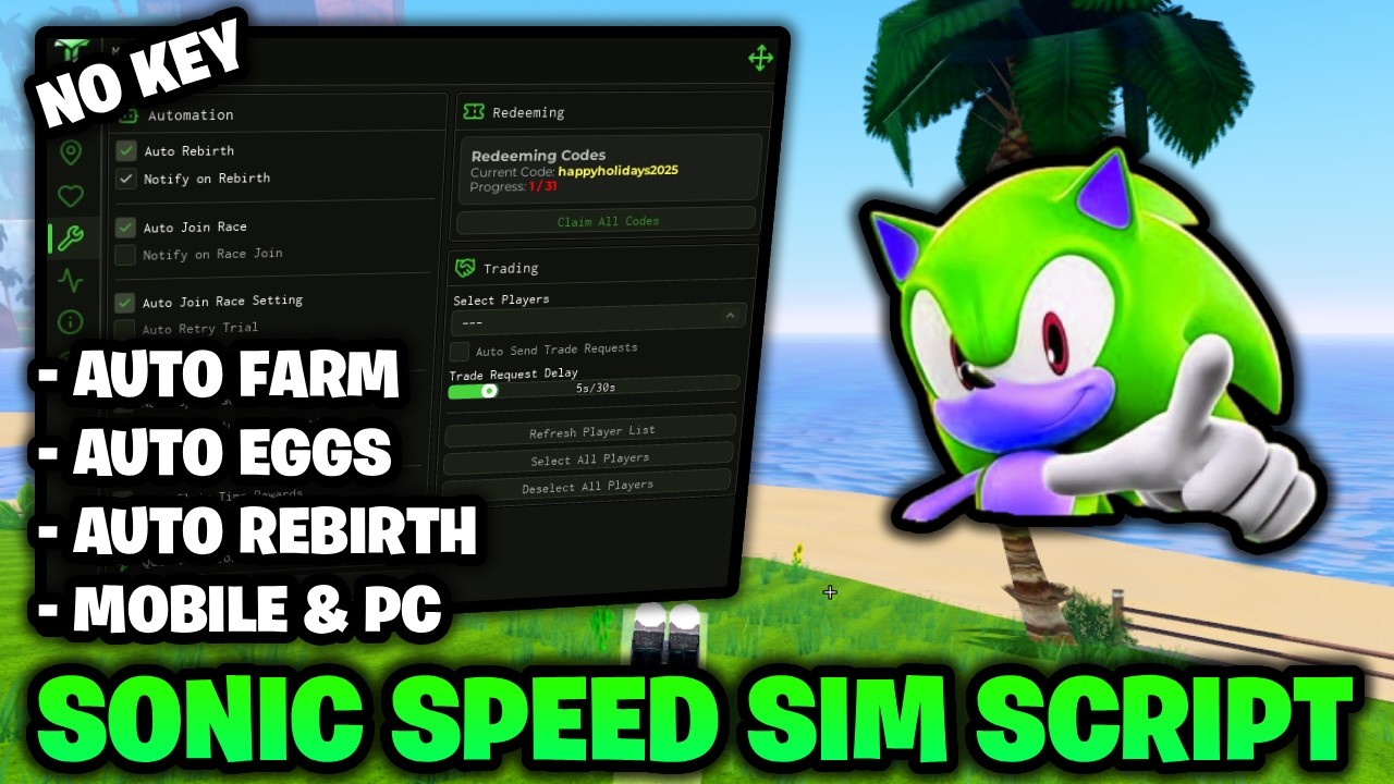 Sonic Speed Simulator Script NO KEY – Auto Farm, Auto Eggs, Auto Rebirth, & More!