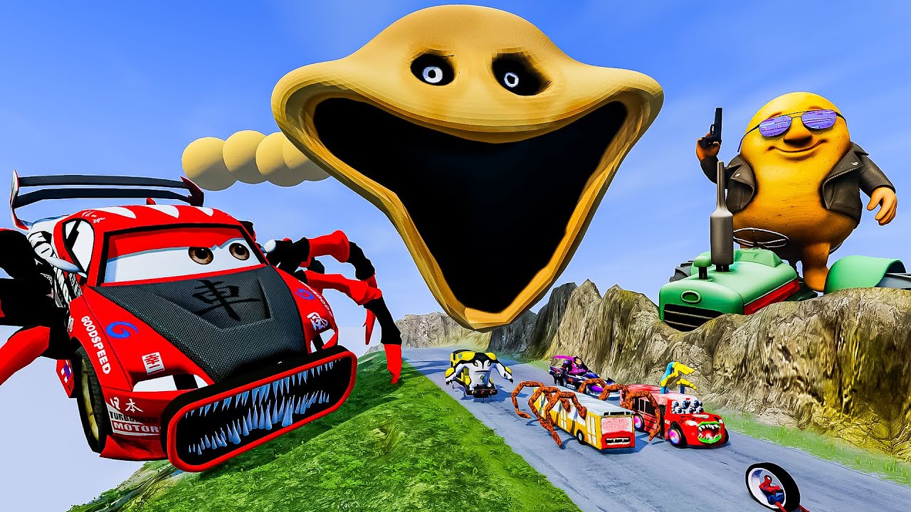 ALL MONSTERS Big & Small Cars With HUNGRY WORM EATER & LIGHTNING MCQUEEN EATER - BeamNG.drive