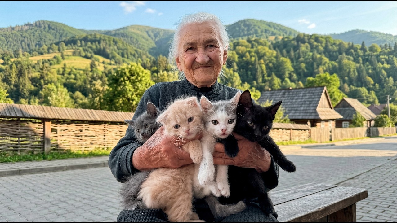 Grandmother Cares for 4 Kittens and Her Entire Homestead Alone. Mountain Life Far from Civilization