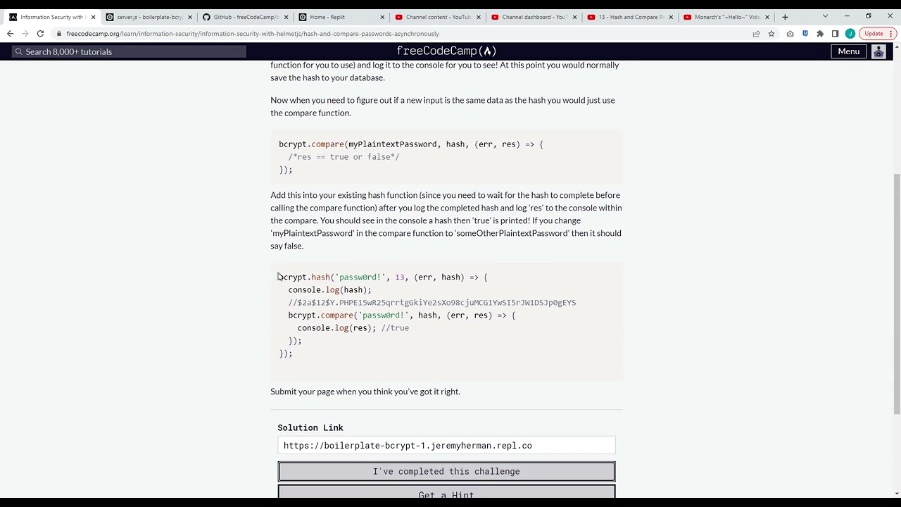 Information Security with bcrypt Part 1-2 Hash and Compare Passwords Asynchronously   freeCodeCamp