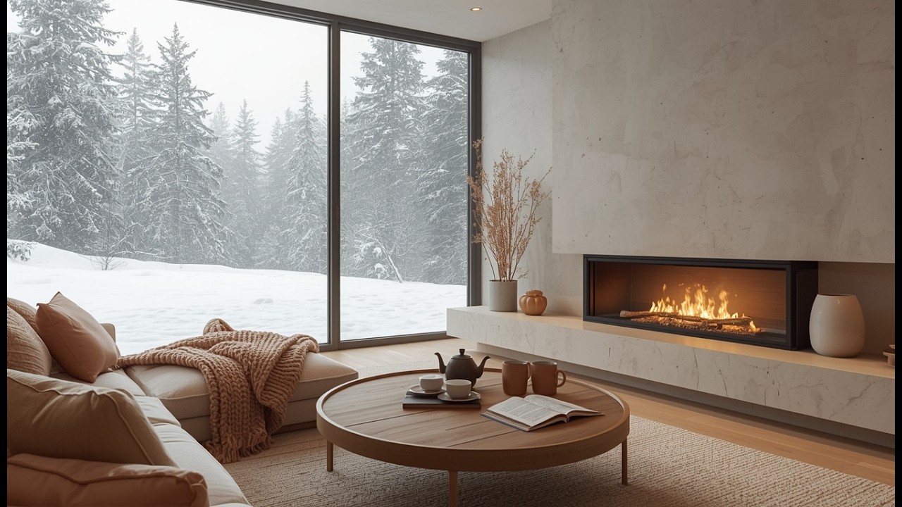 Snowy On Window & Fireplace Crackles in Cozy Living Room Ambience ❄️Gentle Piano for Calm and Relax