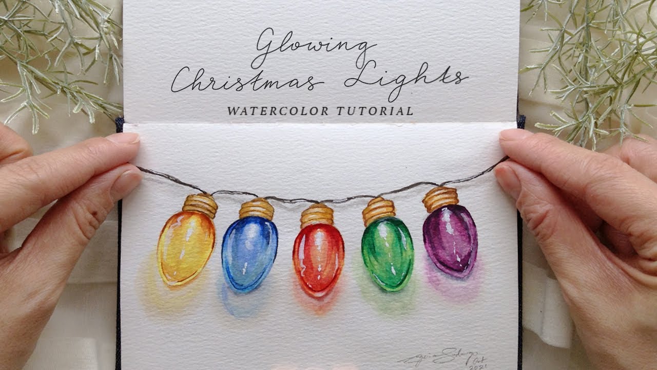 Glowing Christmas Lights in Watercolor for Christmas Card Ideas