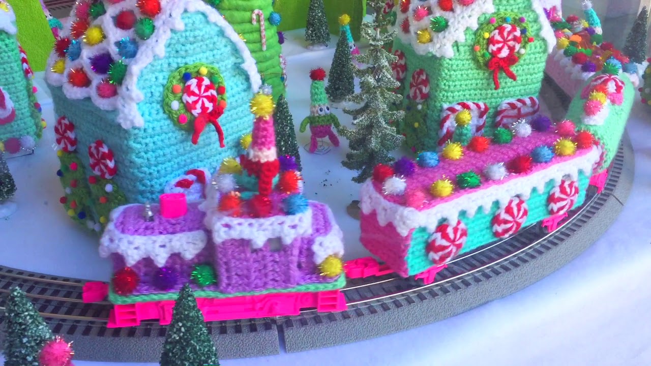 Crocheted Gingerbread Village with Crocheted Train at ImagiKnit in San Francisco | Twinkie Chan