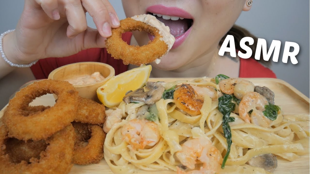ASMR *Creamy Shrimp Alfredo Pasta with Deep Fried Onion Wings NO Talking Eating Sounds | N.E
