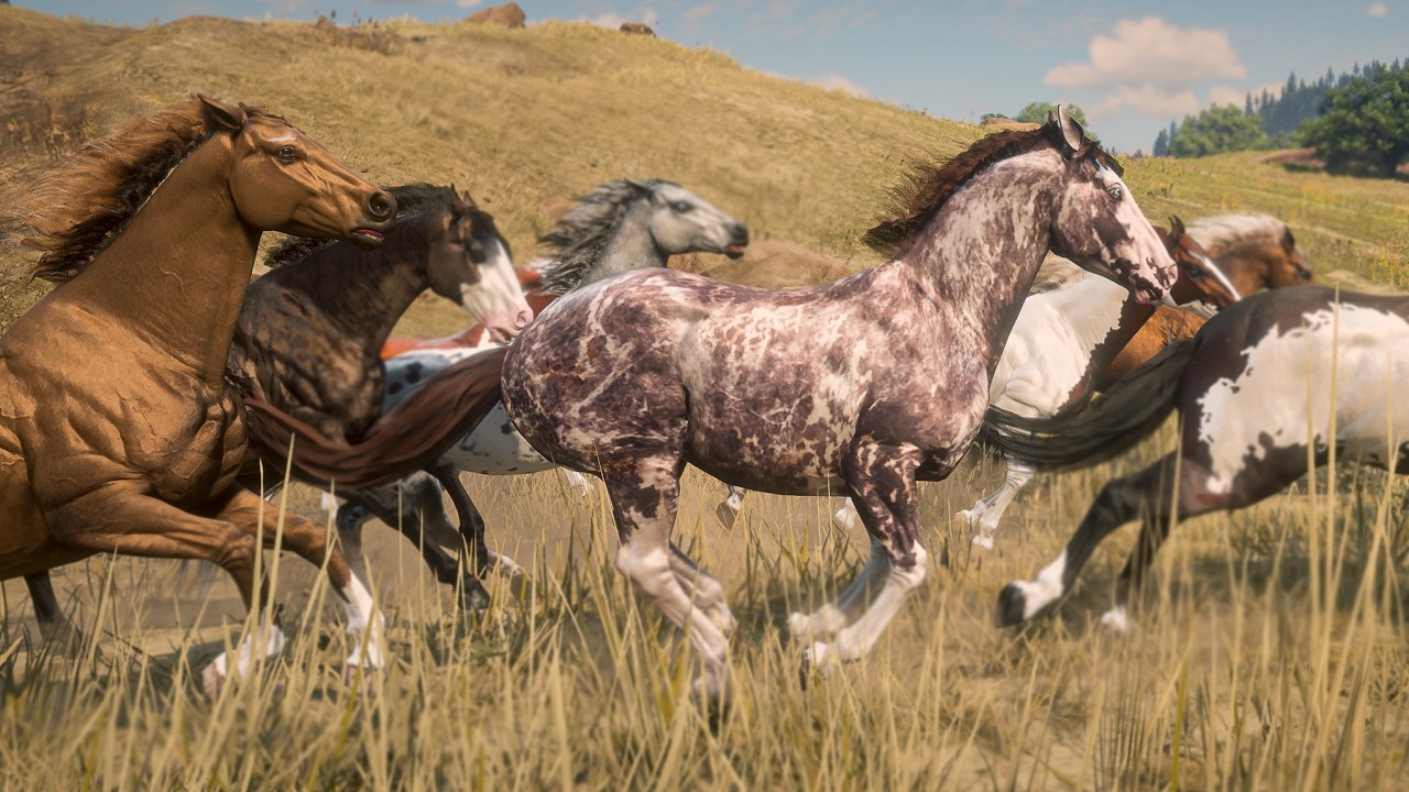 A herd of horses galloping throughout the video in Red Dead Redemption 2