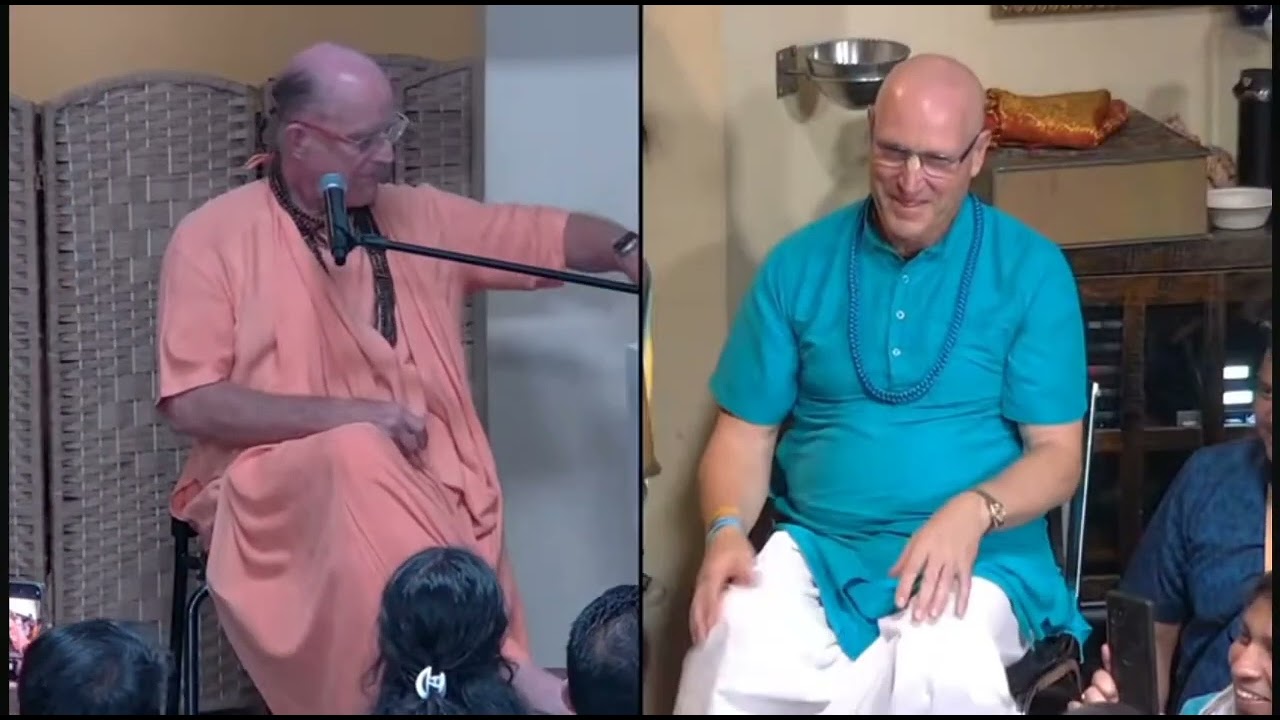 HH Indradyumna Maharaj giving gift to HH Radhanath Maharaj , HG Vaisesika Pr , & HG Nirakula Mataji