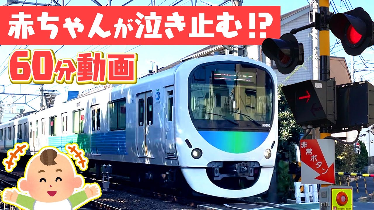 ★広告なし★【60分】踏切＆電車動画【赤ちゃんが泣き止む】いろいろなふみきり