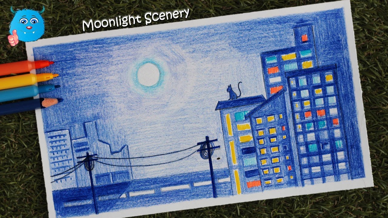 Moonlight Drawing with City Scene for Beginners in Pencil Step By Step