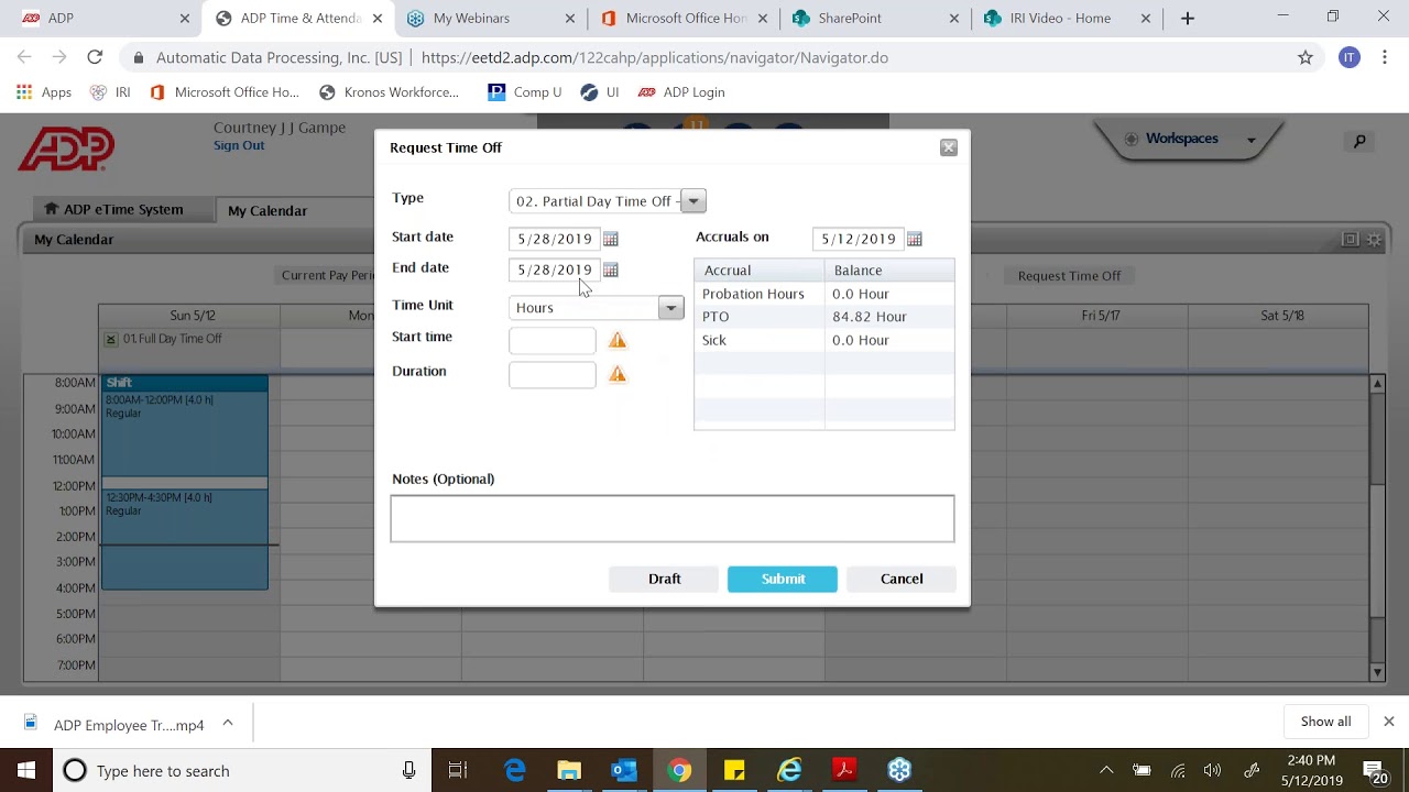 ADP Employee Training  How to submit time off call out switch day
