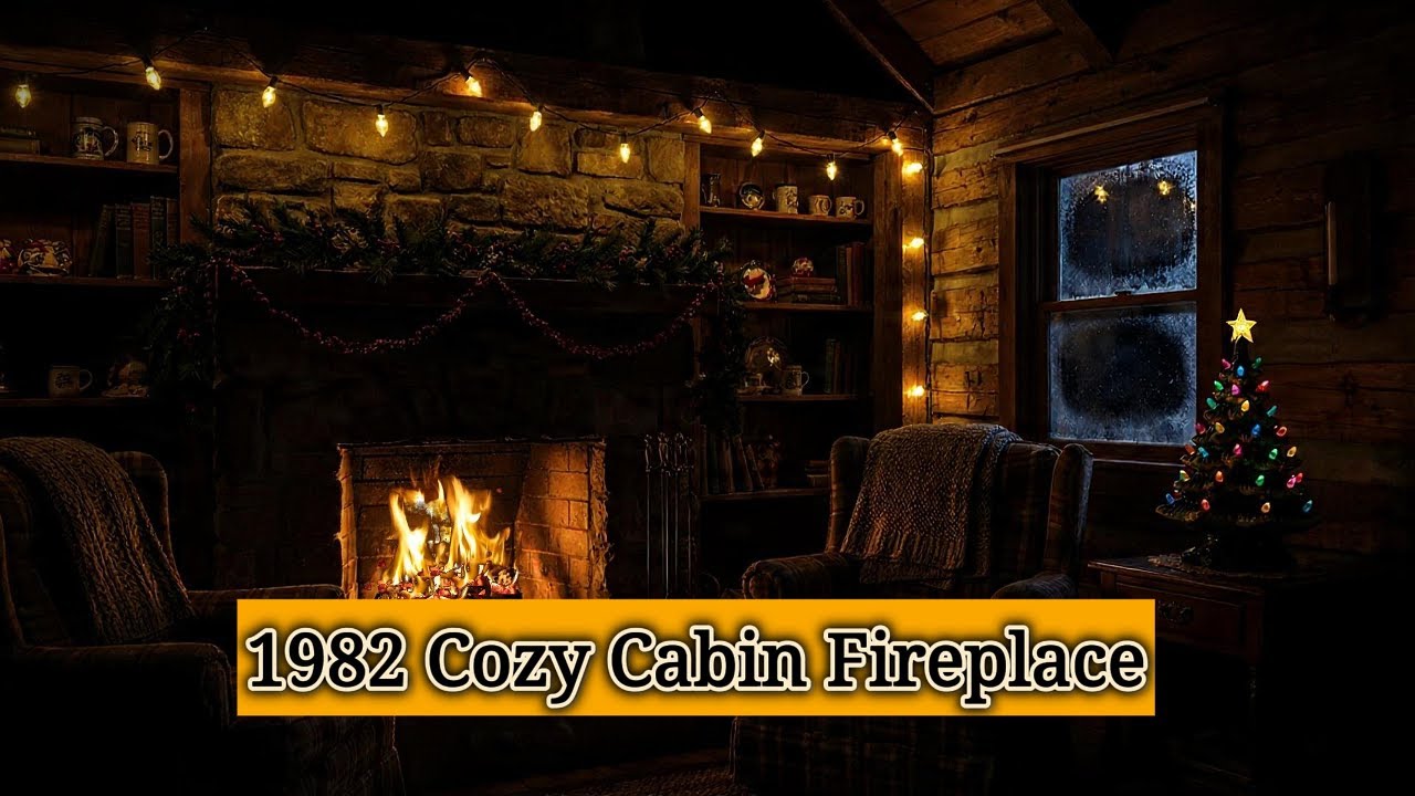 1982 Cozy Cabin Fireplace Ambience | Nostalgic Holiday Fire Crackle & Wind for Sleep (8 Hours)