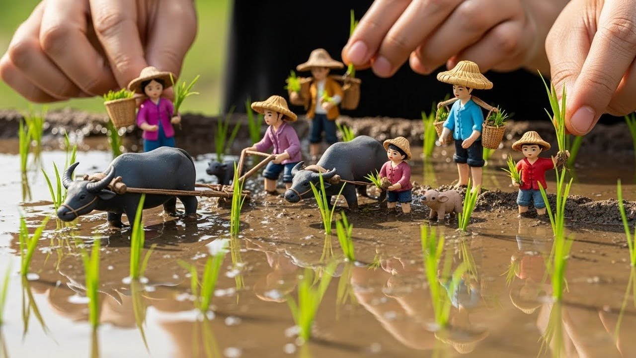 AMAZING Miniature Rice Farming Diorama – Tiny Farmers, Buffalo & Realistic Mud