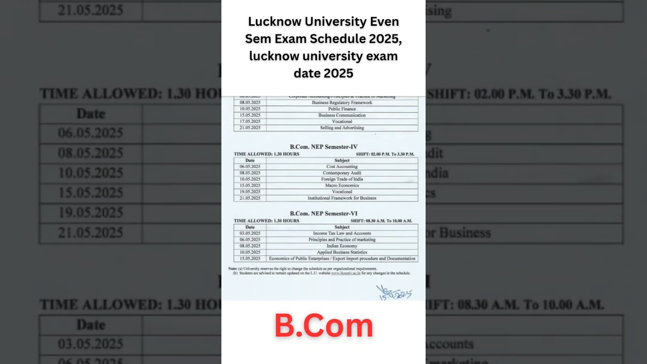 Lucknow University Even semester exam date sheet for BCOM 2025