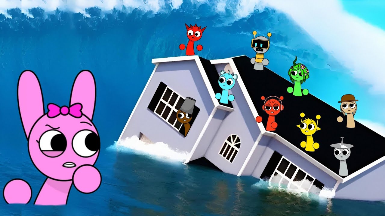 Sprunki Fun Bot & Pinki & Oren & Vineria Played Tsunami Survival Disaster in ROBLOX 