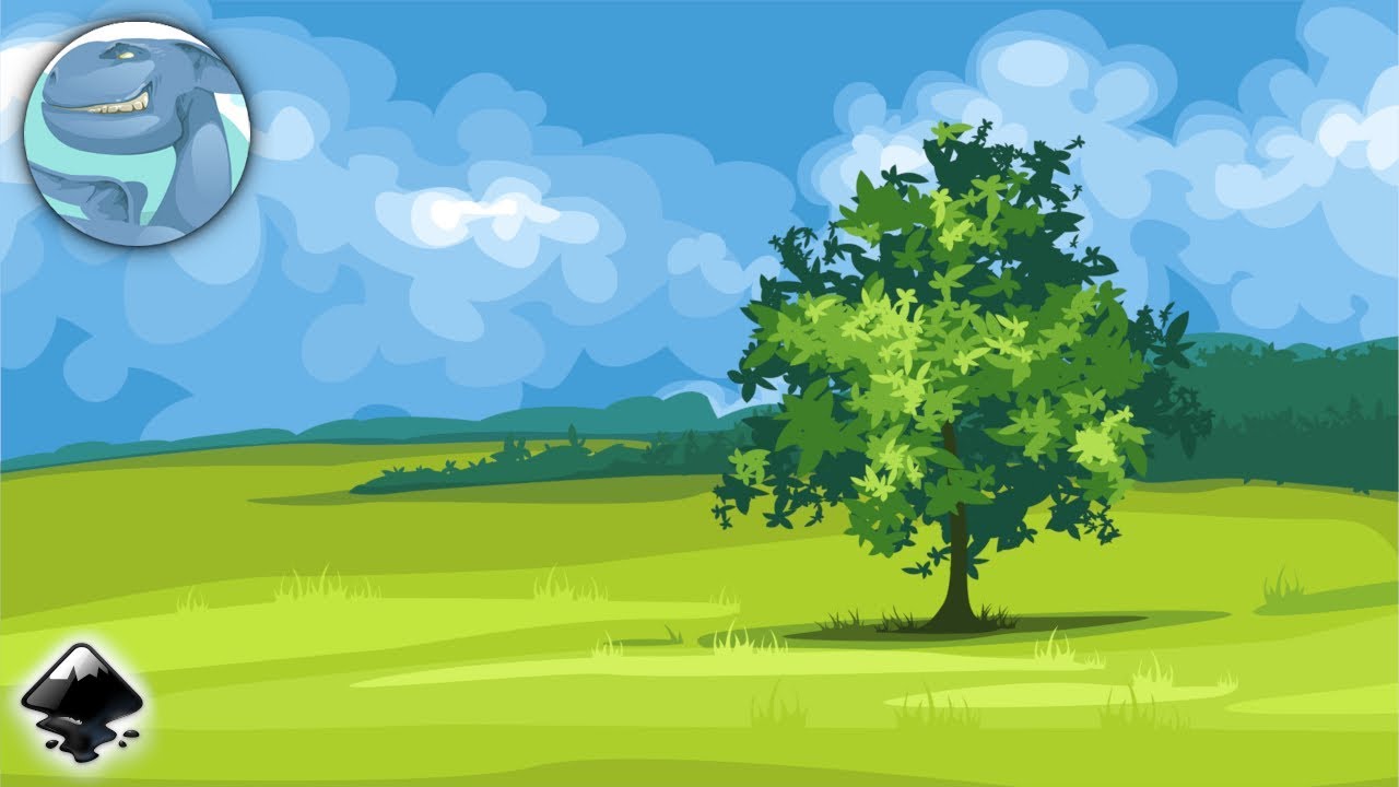 Landscape with a green tree. Speed vector art with Inkscape.
