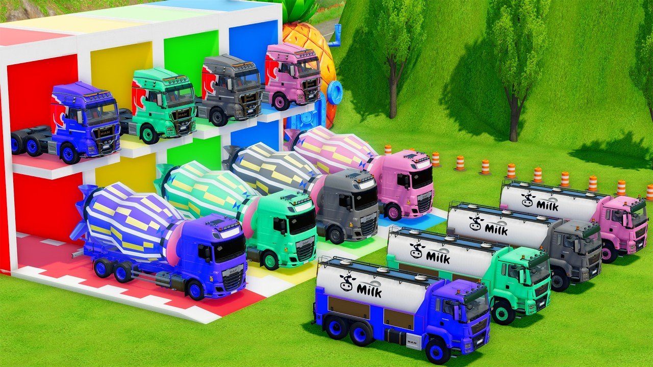 Garage with Colors - ALL MIXER TRUCK WITH DOUBLE FLATBED TRAILER TRUCK, MAN, DAF - FS22
