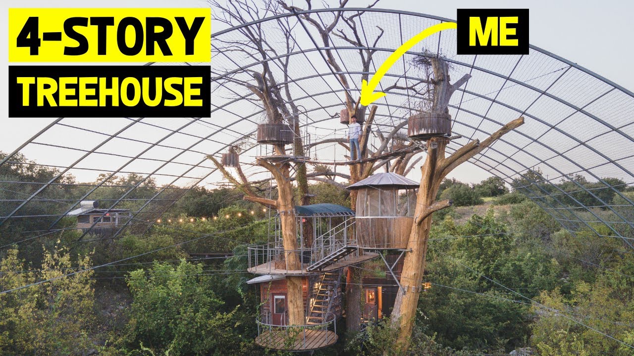 EPIC 4-STORY TREEHOUSE w/ 2 Cable Bridges, Zip Line, & Outdoor Shower!