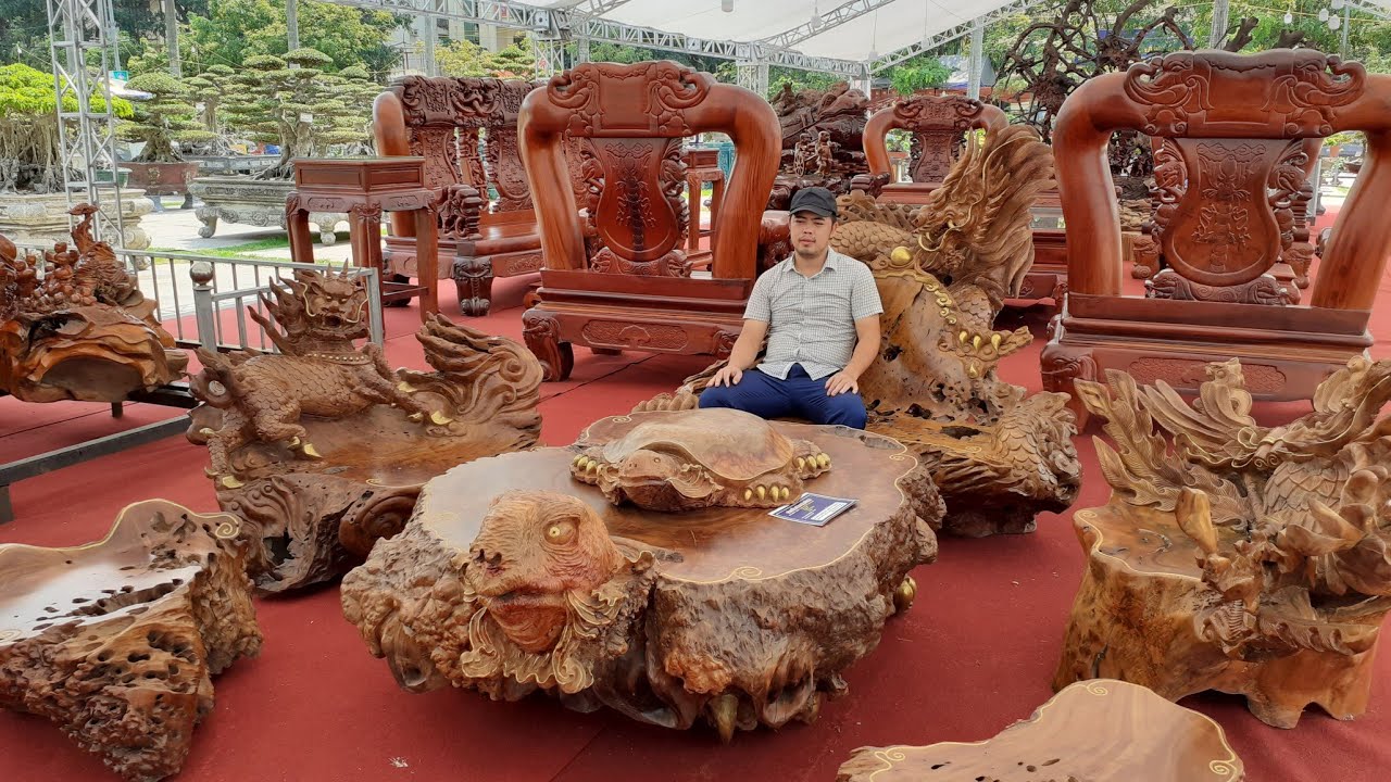 Bộ bàn ghế Gỗ Lũa hội tụ đủ 4 Linh vật Long Lân Quy Phụng