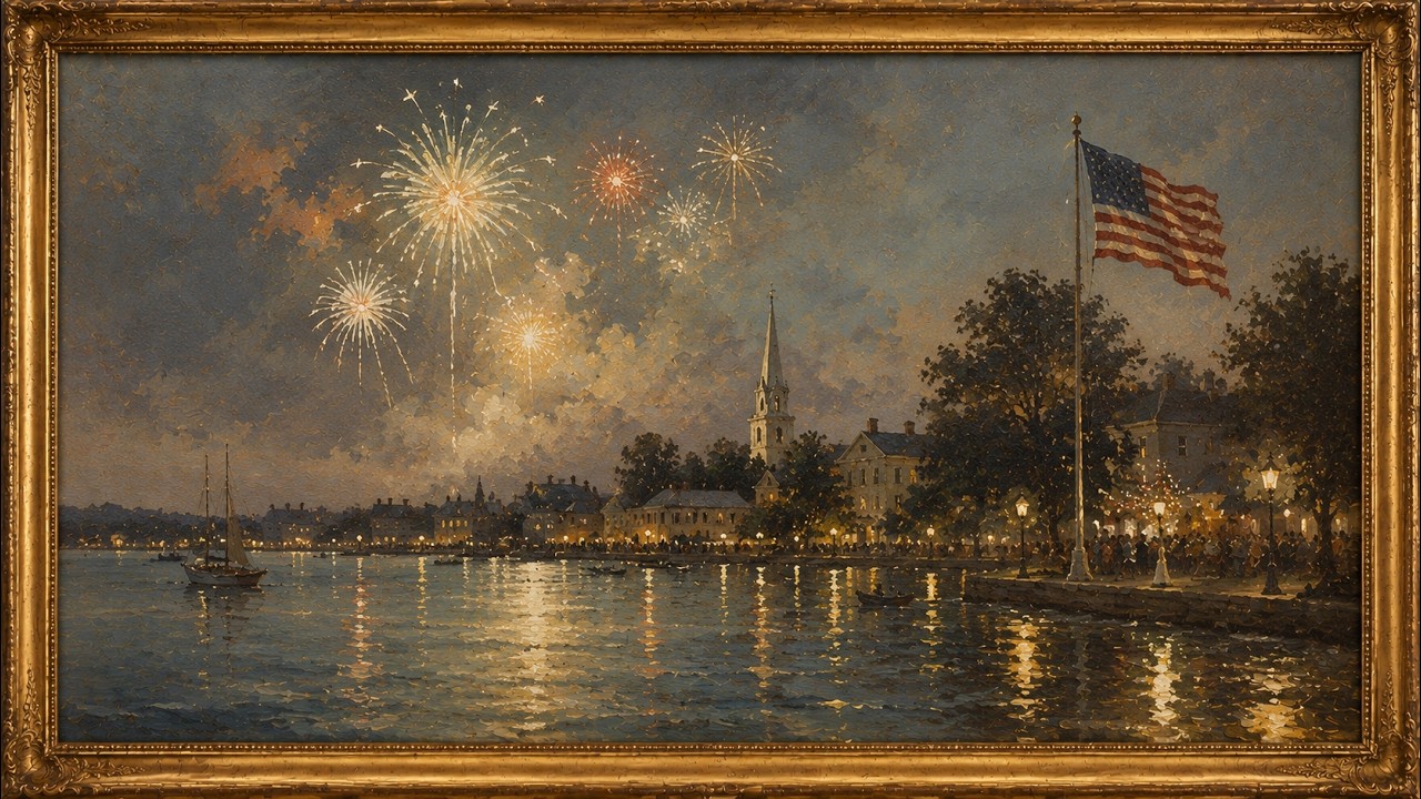 Vintage Fireworks Frame TV Art | Patriotic Harbor Town at Night Painting | 4K No Sound