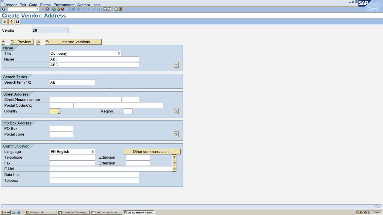 Создание поставщика в SAP с T-кодом: XK01